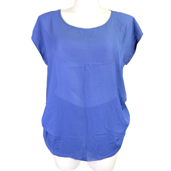 Persaya Womens Blouse Top Shirt Sheer Short Sleeved Pullover Ruched Navy Blue 1X - Picture 2 of 9